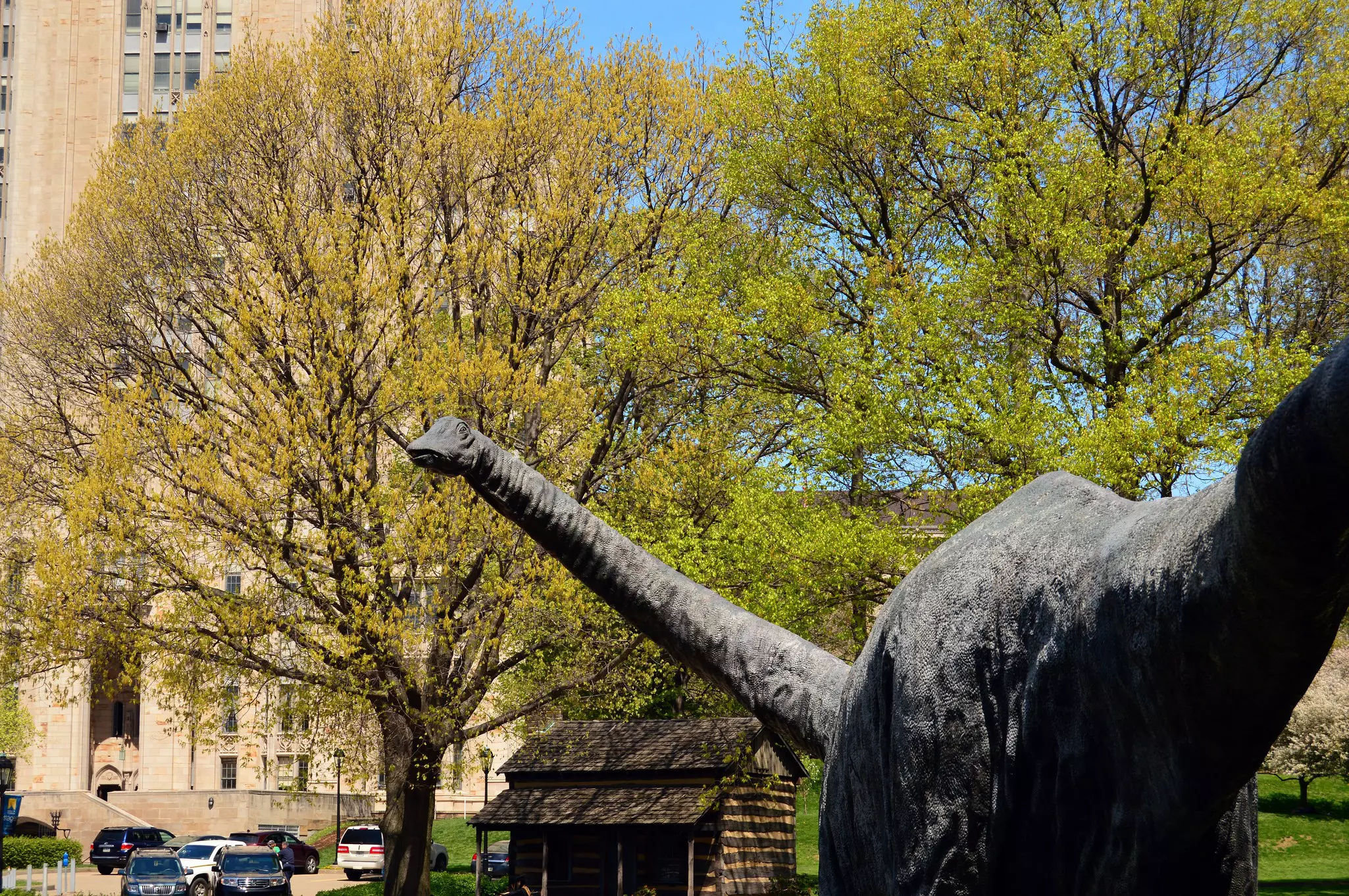 A full-scale brontosaurus sculpture called Dippy greets visitors to the Carnegie Museums. James Kirkikis/Shutterstock