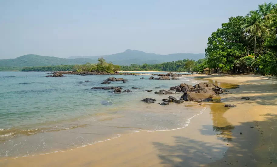 Golden sand beach with dark granite boulders, palm trees and hazy green hills along the Sierra Leone coast