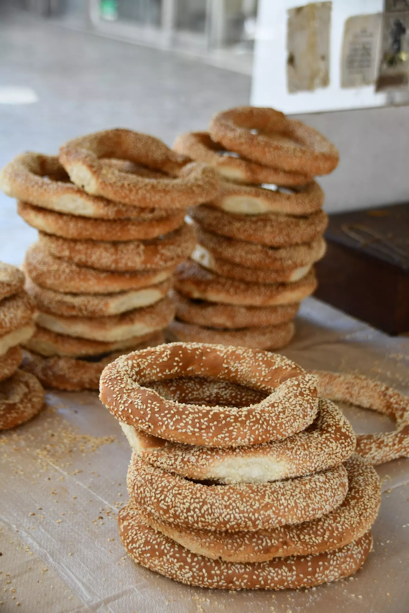 Koulouri, rings made of dough and covered in sesame seeds, sold on the streets of Athens, Greece.