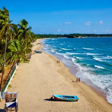 Aerial of Uppuveli, with the ocean on the right.