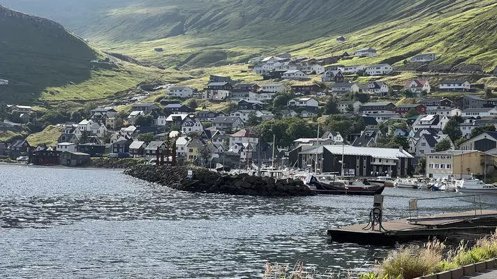 A small village of white, red and black houses meanders up a green hill with the ocean in the foreground