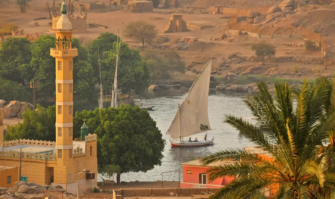 A felucca boat sailing on the River Nile near Aswan, Egypt. 