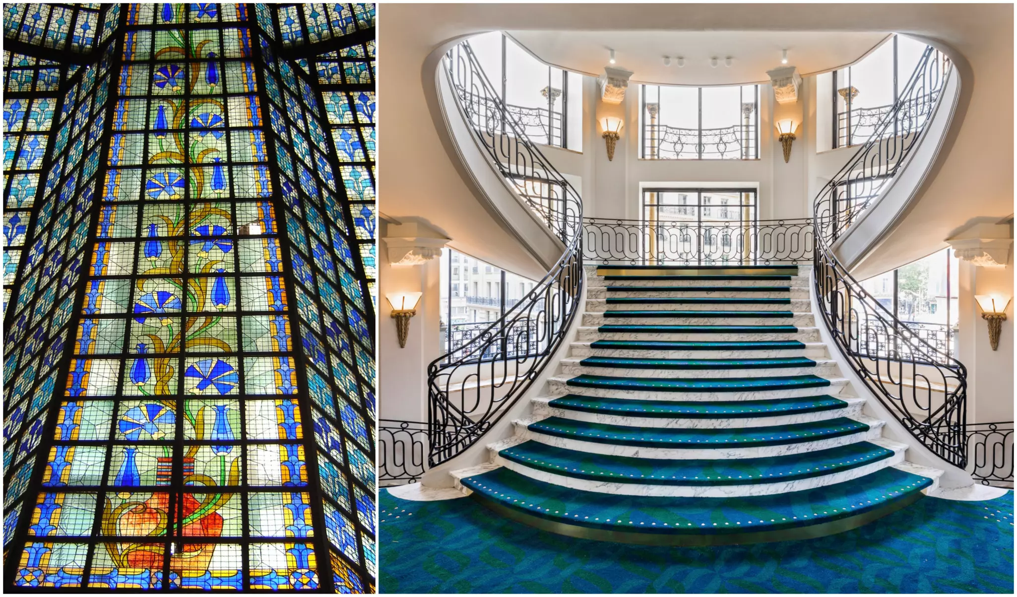 An image of the ceiling glass and art deco staircase at the department store Printemps in Paris