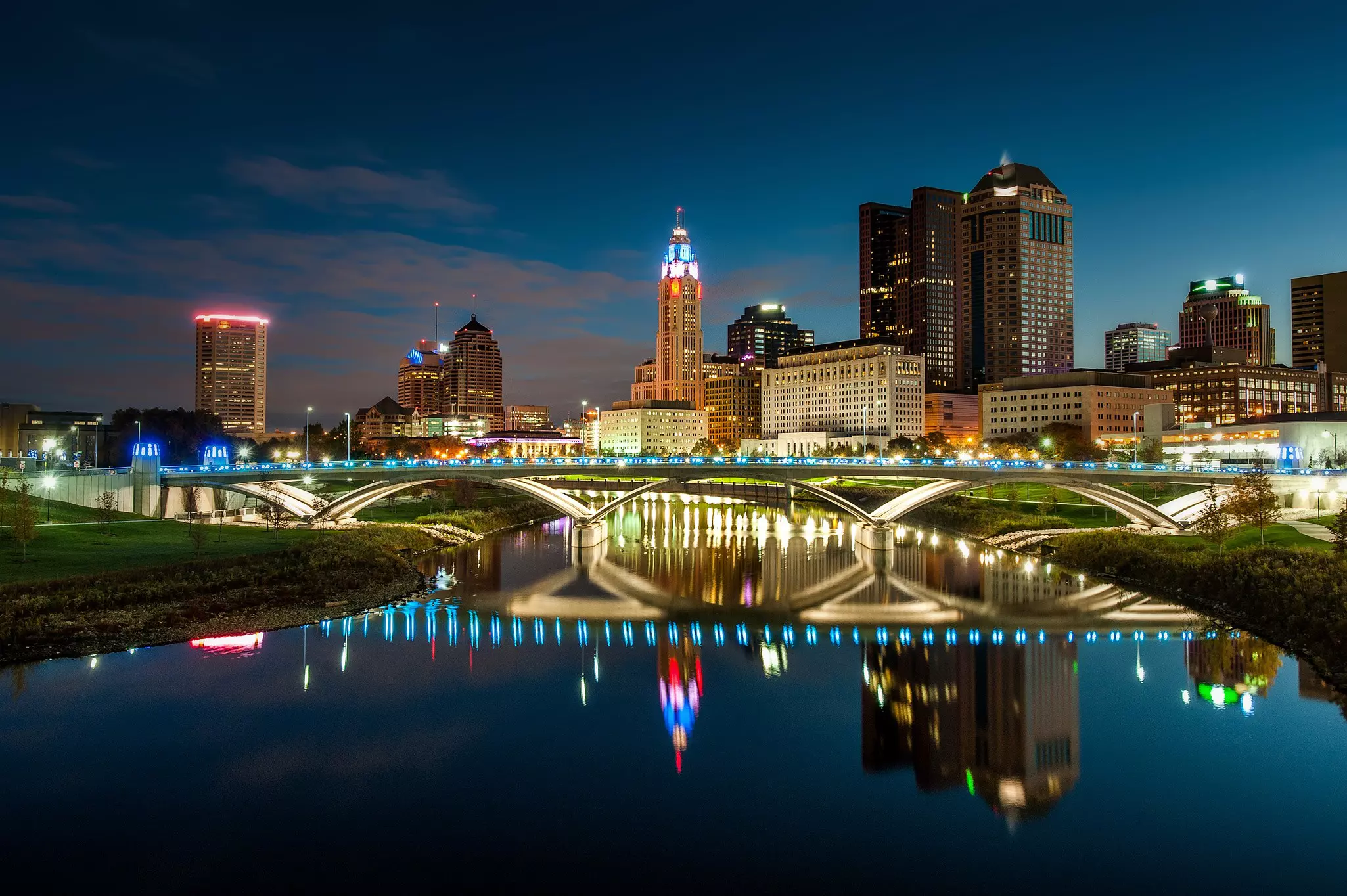 Downtown Columbus, Ohio at nighttime reflected in the river.
