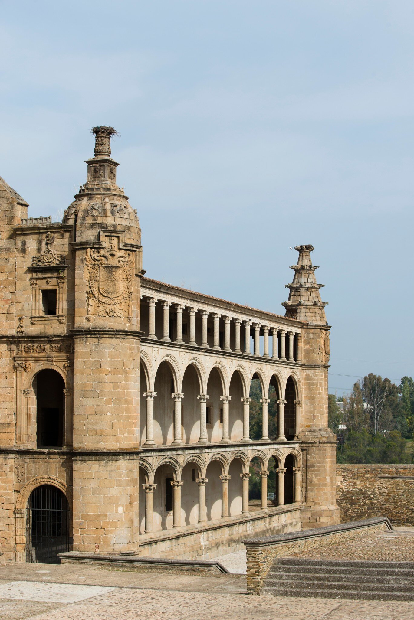 View of the cloisters of the Conventual de San Benito in Alcántara, Spain.