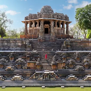 A repeating pattern of steps lead in different directions all meeting at a rectangular reservoir of water.