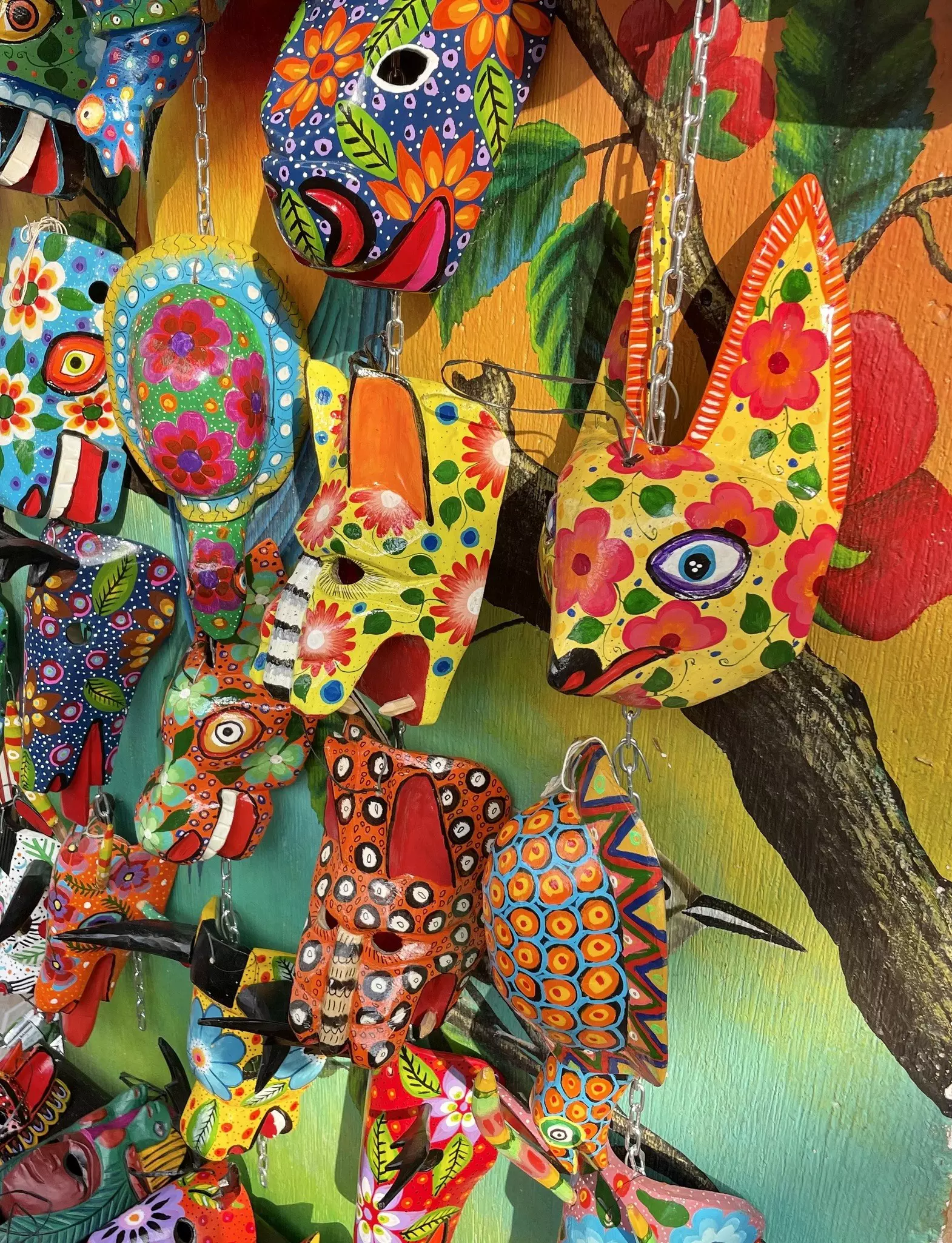 Colorfully painted animal masks in Antigua, Guatemala