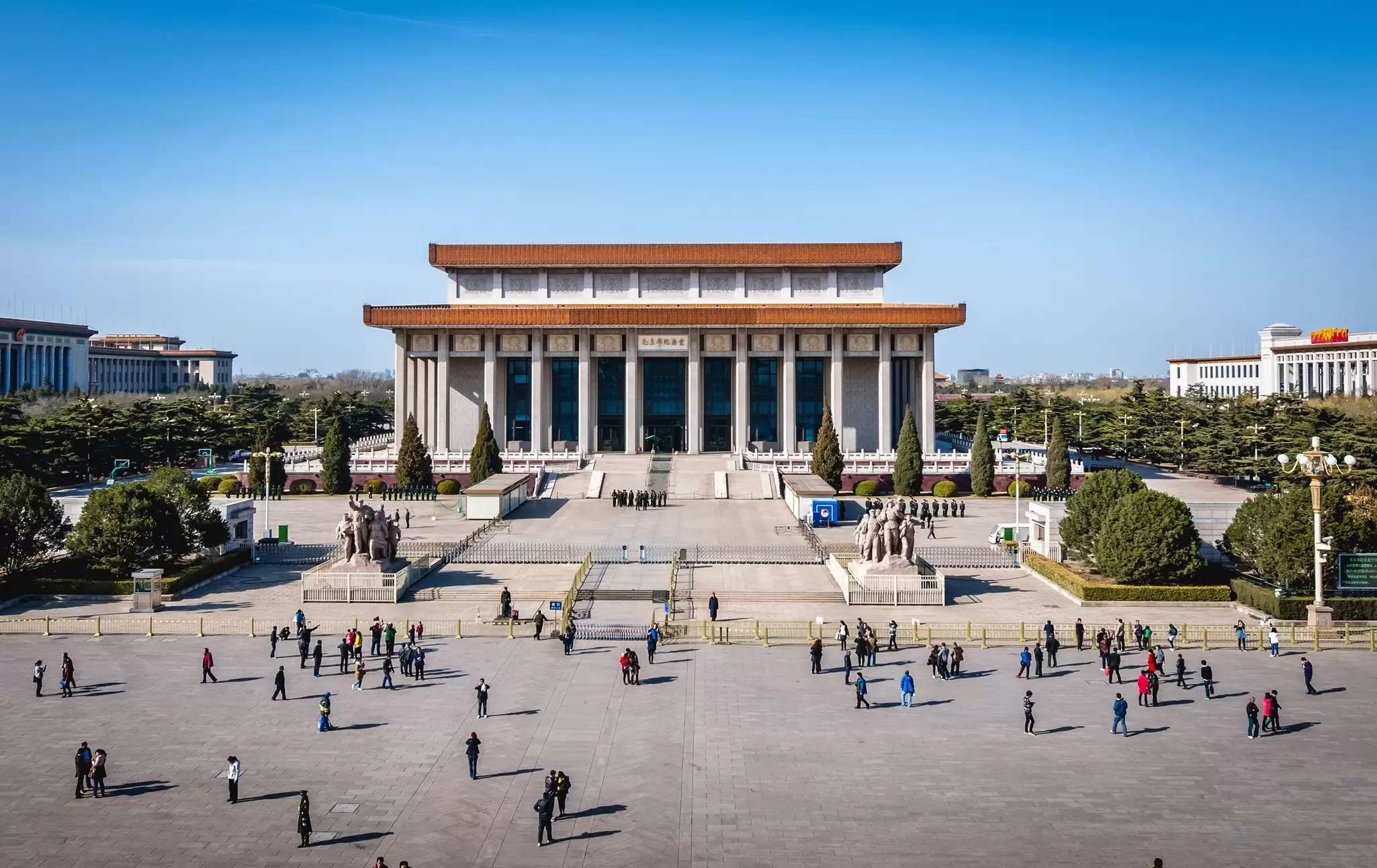 Aerial view of tourists in front of the Mausoleum of Mao Zedong on Tiananmen Square in Beijing, China.
