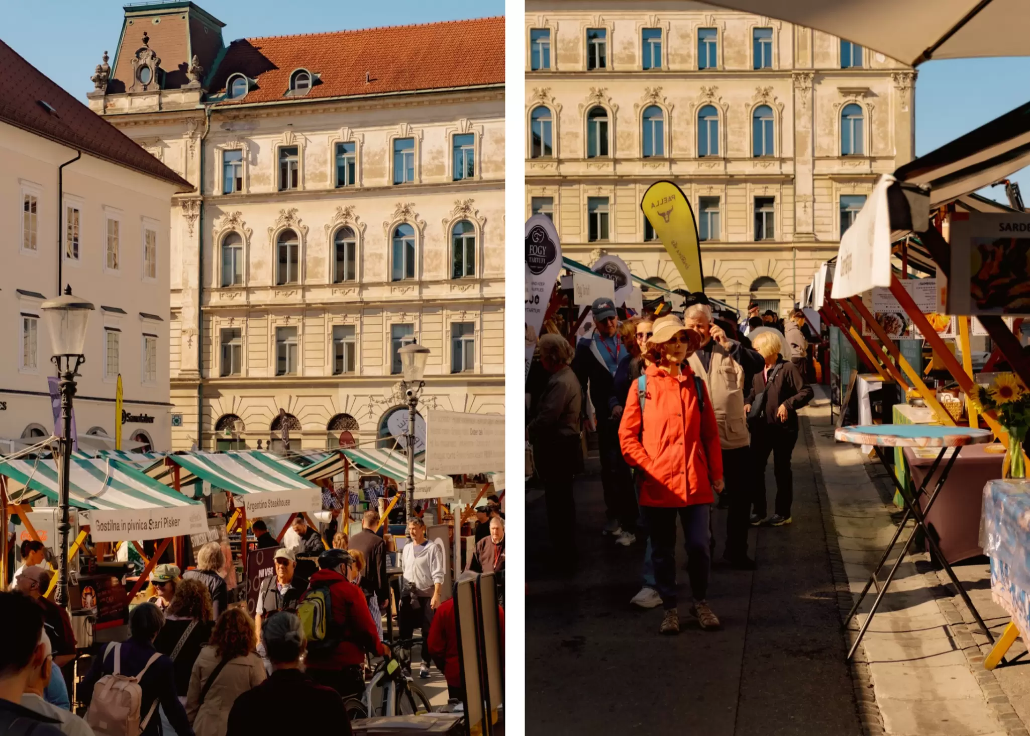 Left: stalls with green-and-white striped awnings at an outdoor market. Right: a woman looking at things for sale at an outdoor market stall.