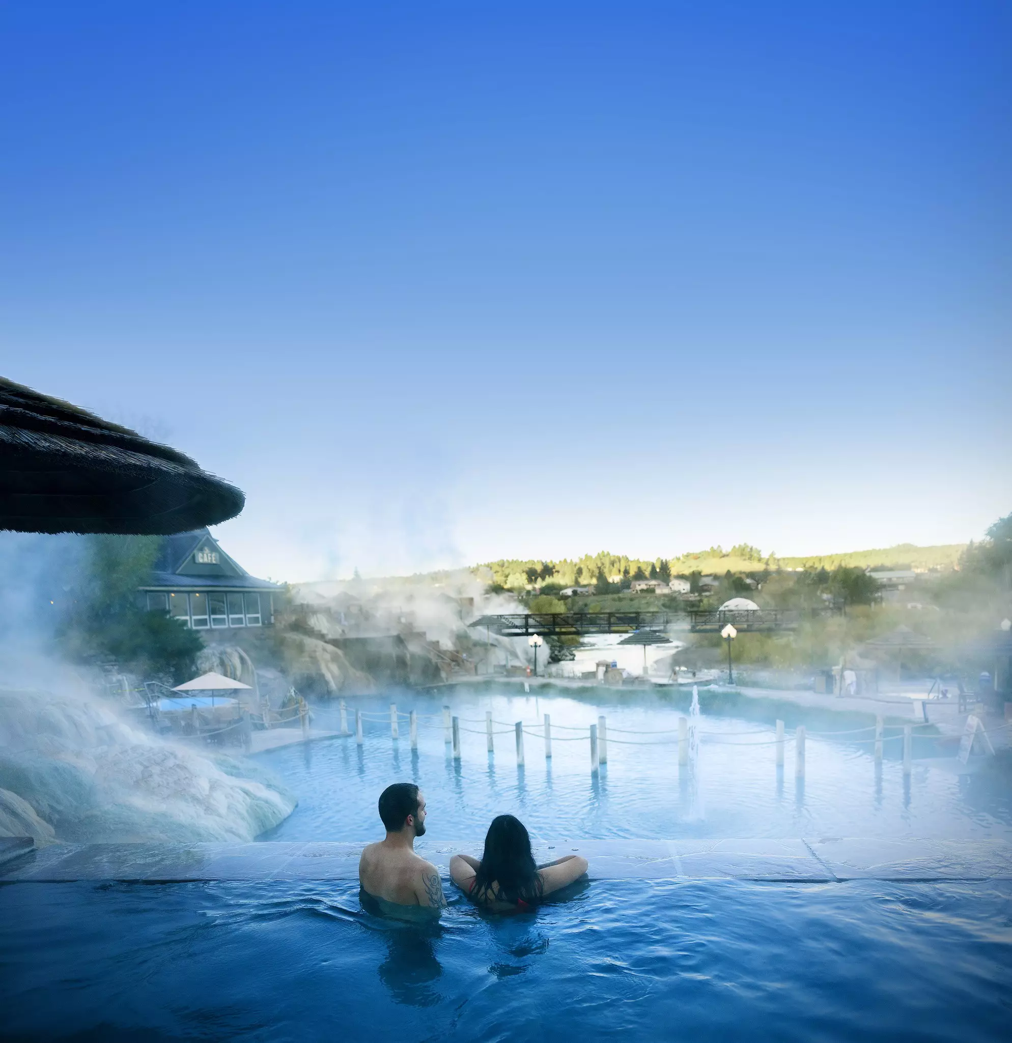 People relaxing in the hot springs at The Springs Resort in Pagosa Springs, Colorado, USA.