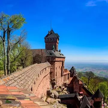 View from the wall of the Haut-Koenigsbourg castle ( Château du Haut-Kœnigsbourg ) over the Alsatian panorama and vineyards up to the Black Forest; Shutterstock ID 1780073546; your: Sloane Tucker; gl: 65050; netsuite: Online Editorial; full: POI