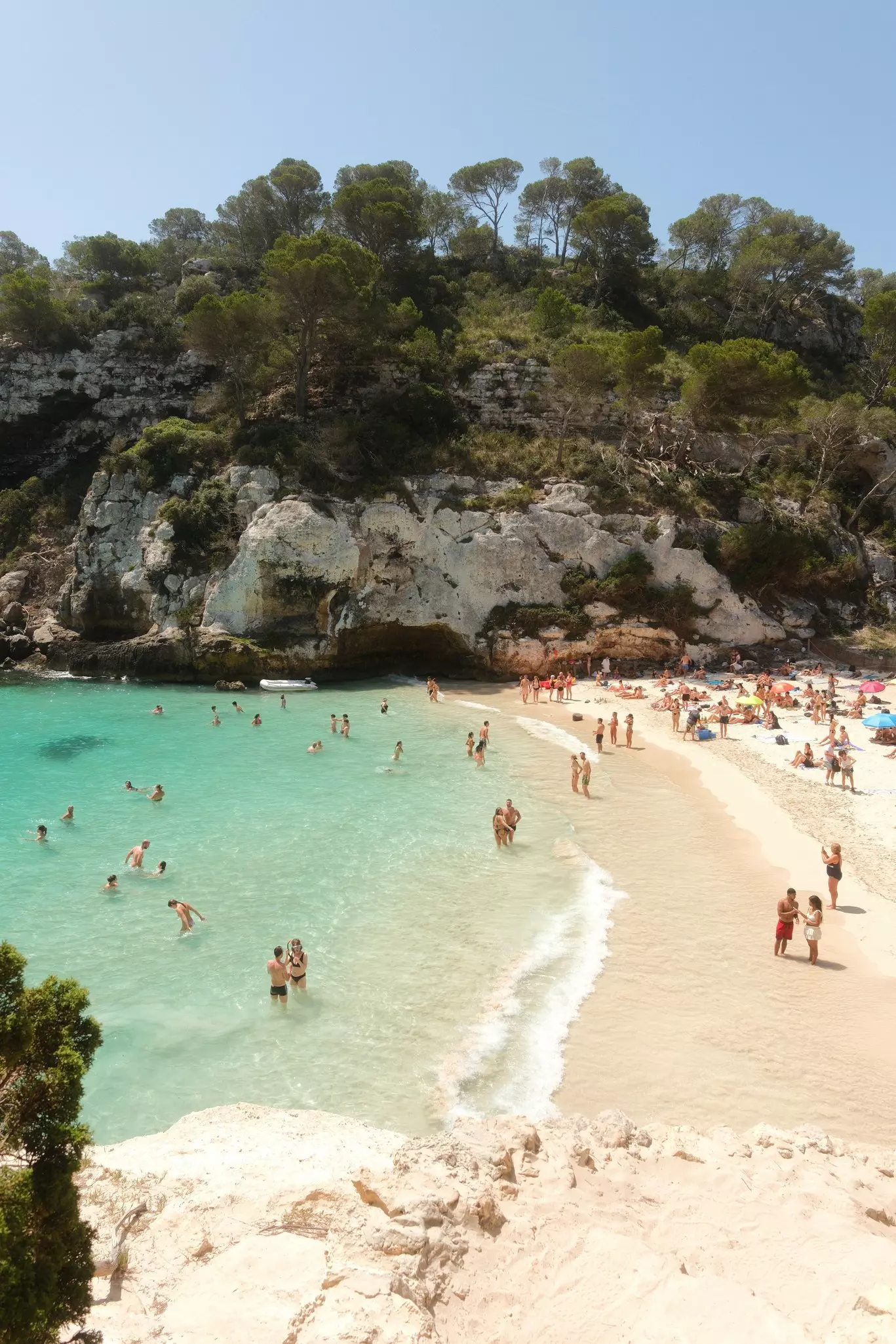 Beach-goers swim in turquoise water and bathe on white sand on a beach backed by pine forests