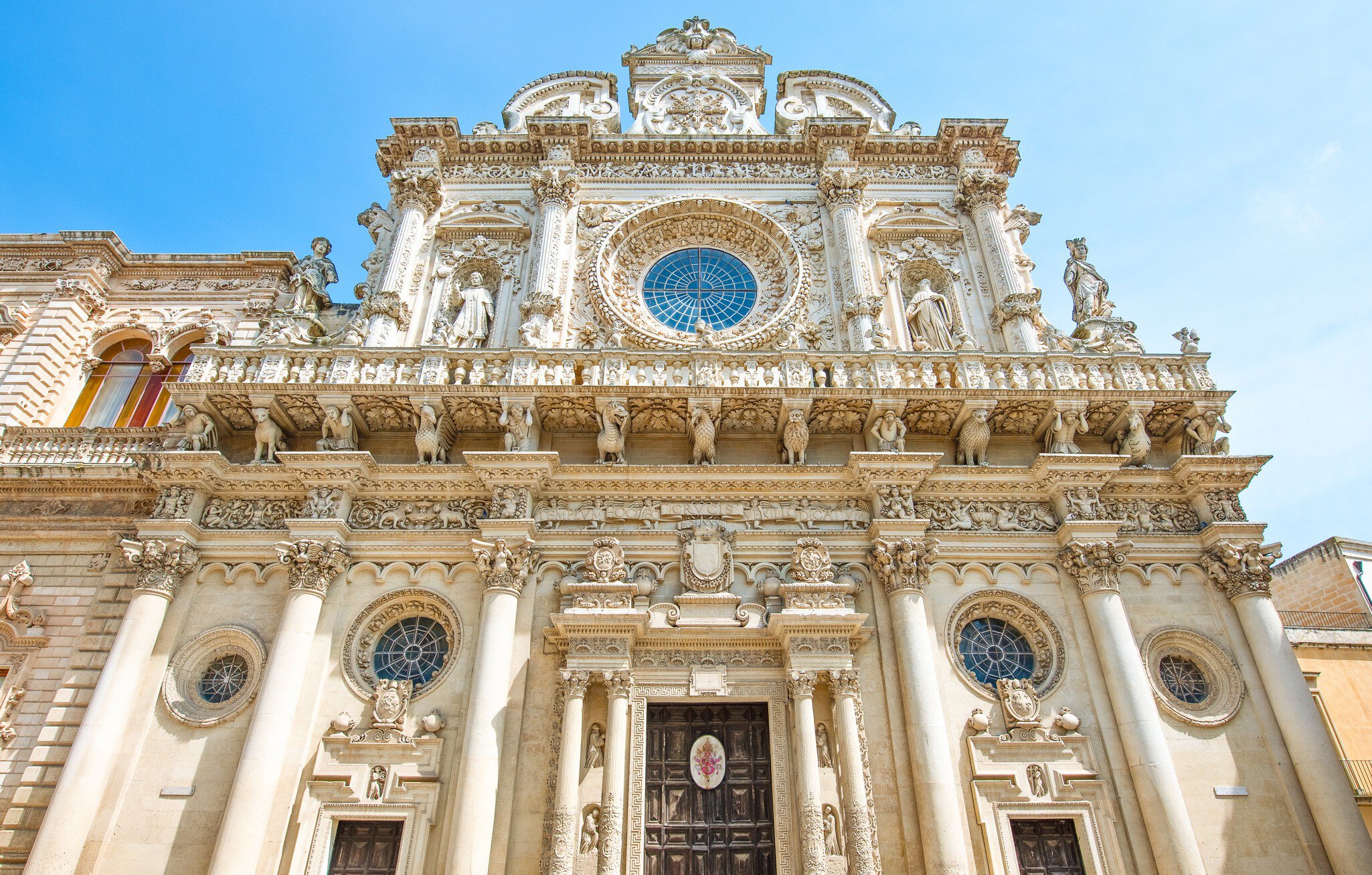 Sculptures on the facade of the Santa Croce Basilica in Lecce.