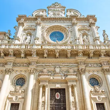 Sculptures on the facade of the Santa Croce Basilica in Lecce.