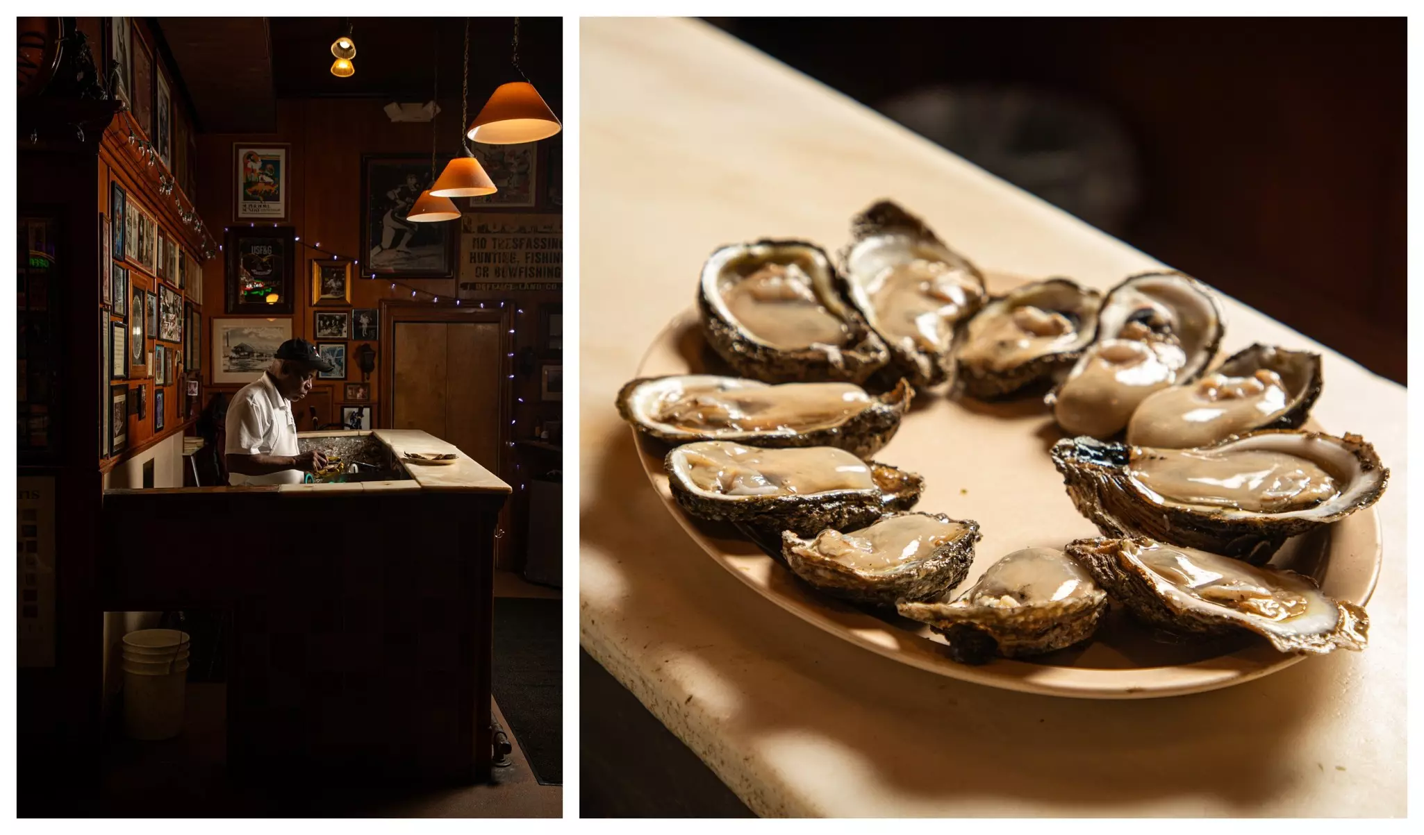 A man shucks oysters and alongside a plate of fresh oysters.
