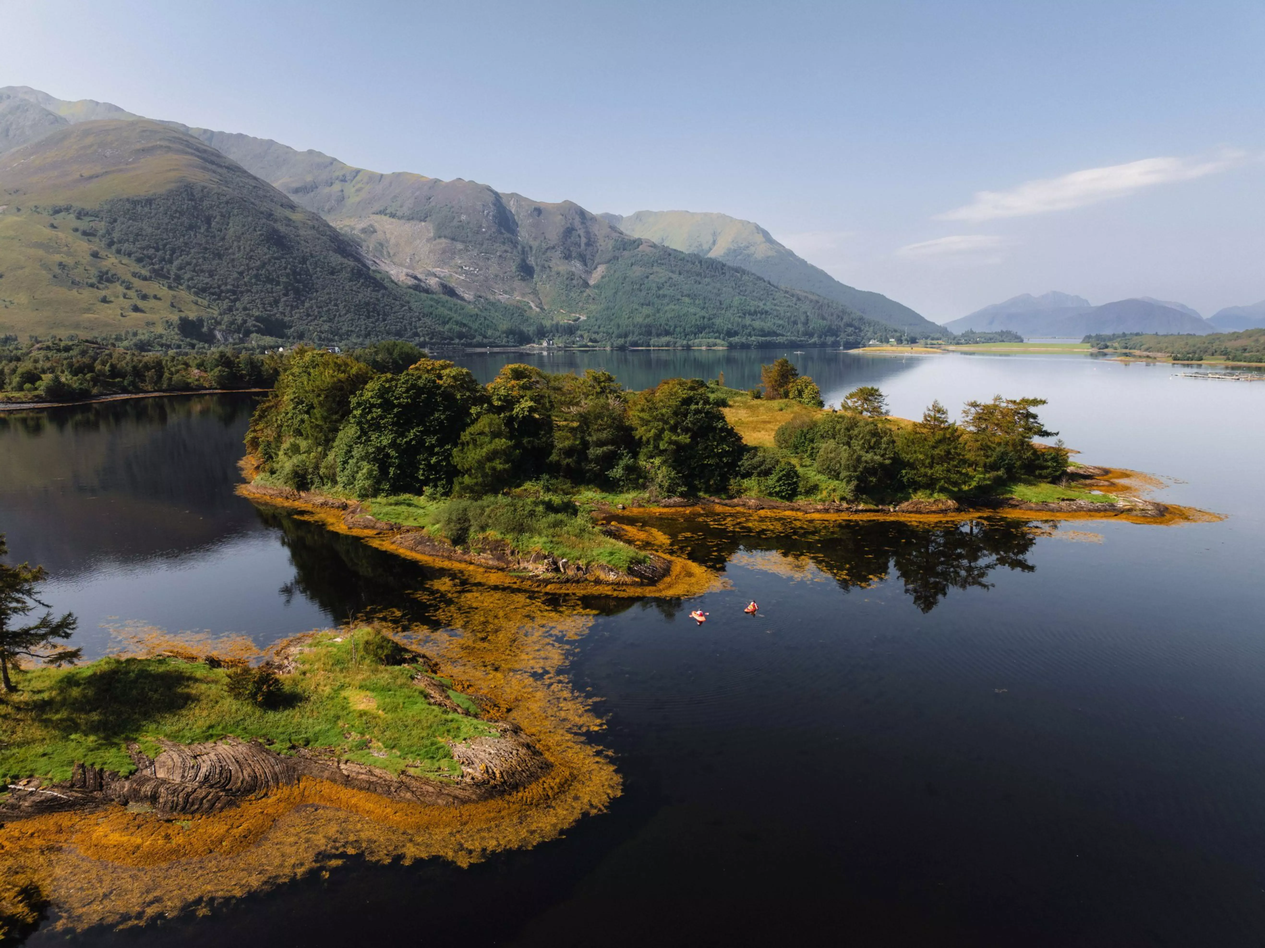 Aerial view of kayakers in Loch Shiel.