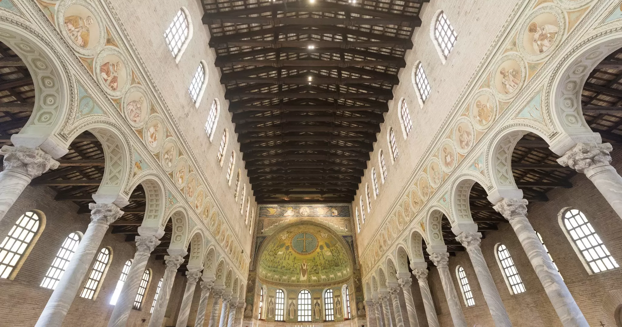 The interior of the medieval church of Sant'Apollinare in Classe.
