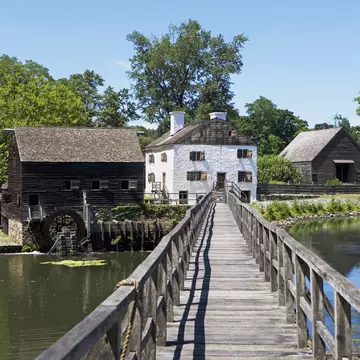 An historic footbridge and Philipsburg Manor in Sleepy Hollow, NY