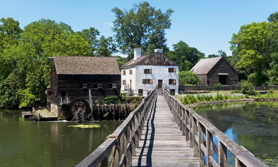 An historic footbridge and Philipsburg Manor in Sleepy Hollow, NY