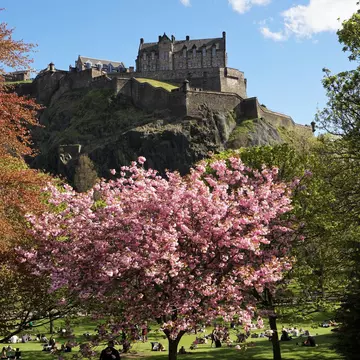 Costumed characters celebrate Beltane in Edinburgh by a huge fire.