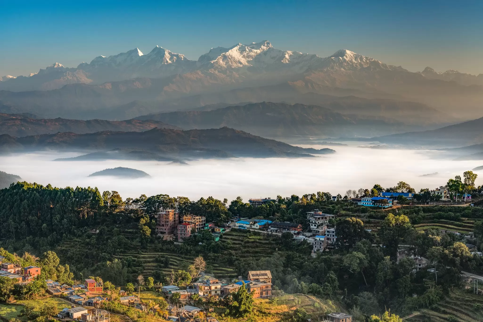The Himalaya and the town of Bandipur, Nepal. traumlichtfabrik/Getty Images
