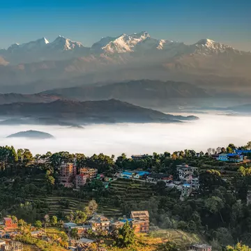 The Himalaya and the town of Bandipur, Nepal. traumlichtfabrik/Getty Images