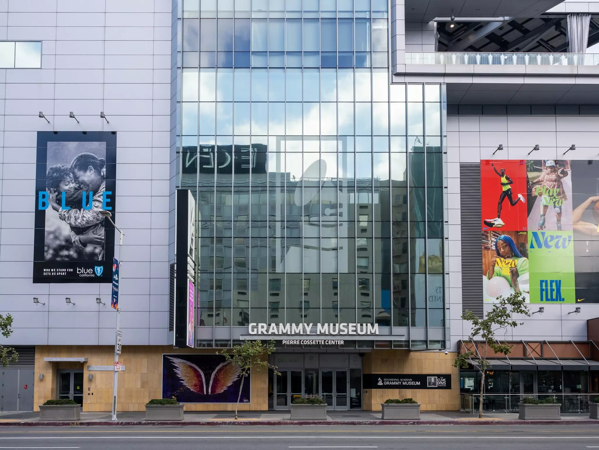 The glass frontage of the Grammy Museum, Los Angeles, California, USA.