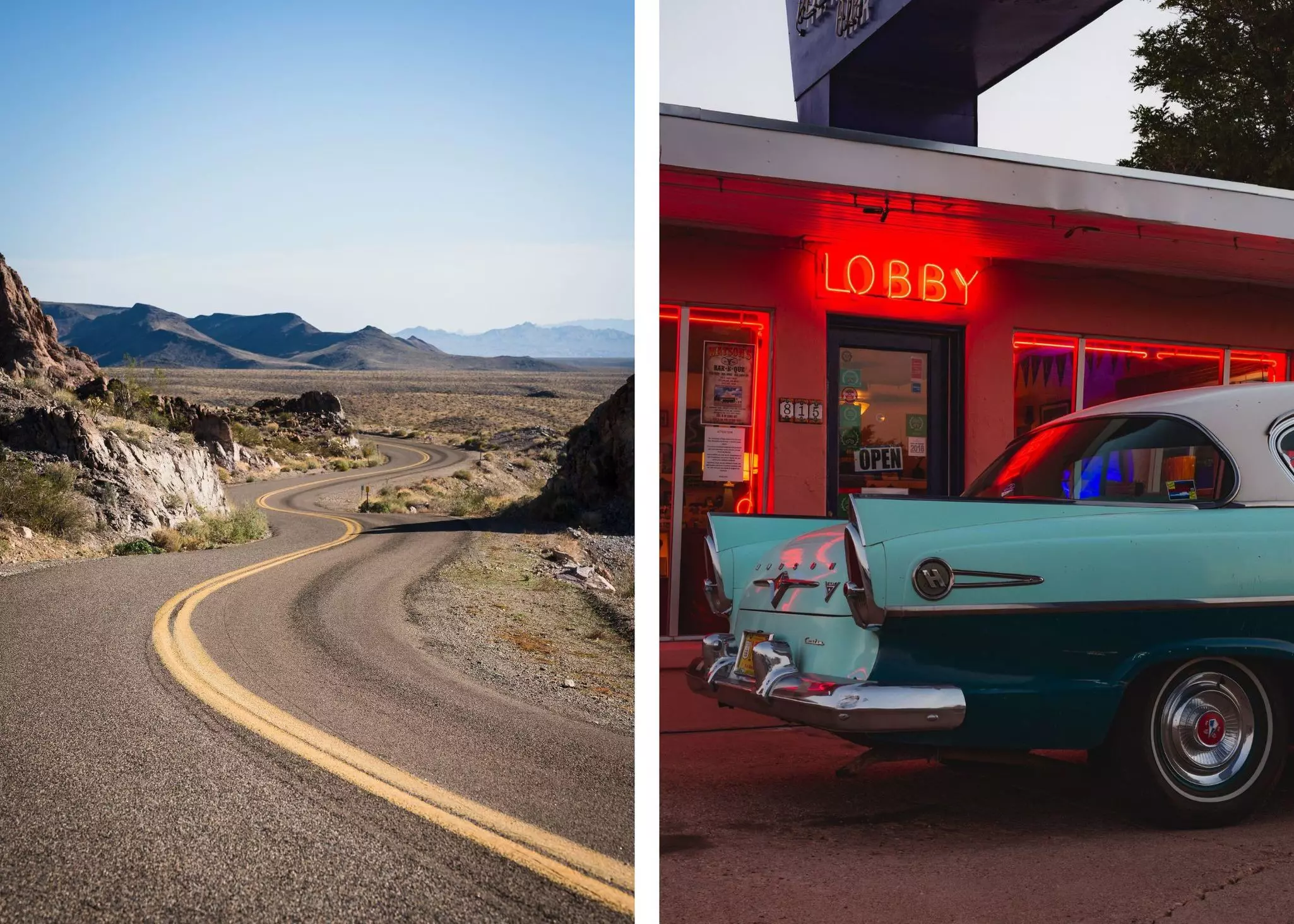 Collage for best July 4/America 250 celebrations in the US

Left: Route 66 winds along Highway 10 in Arizona. David Buzzard/Shutterstock. Right: The Blue Swallow Motel in Tucumcari, New Mexico. Logan Bush/Shutterstock