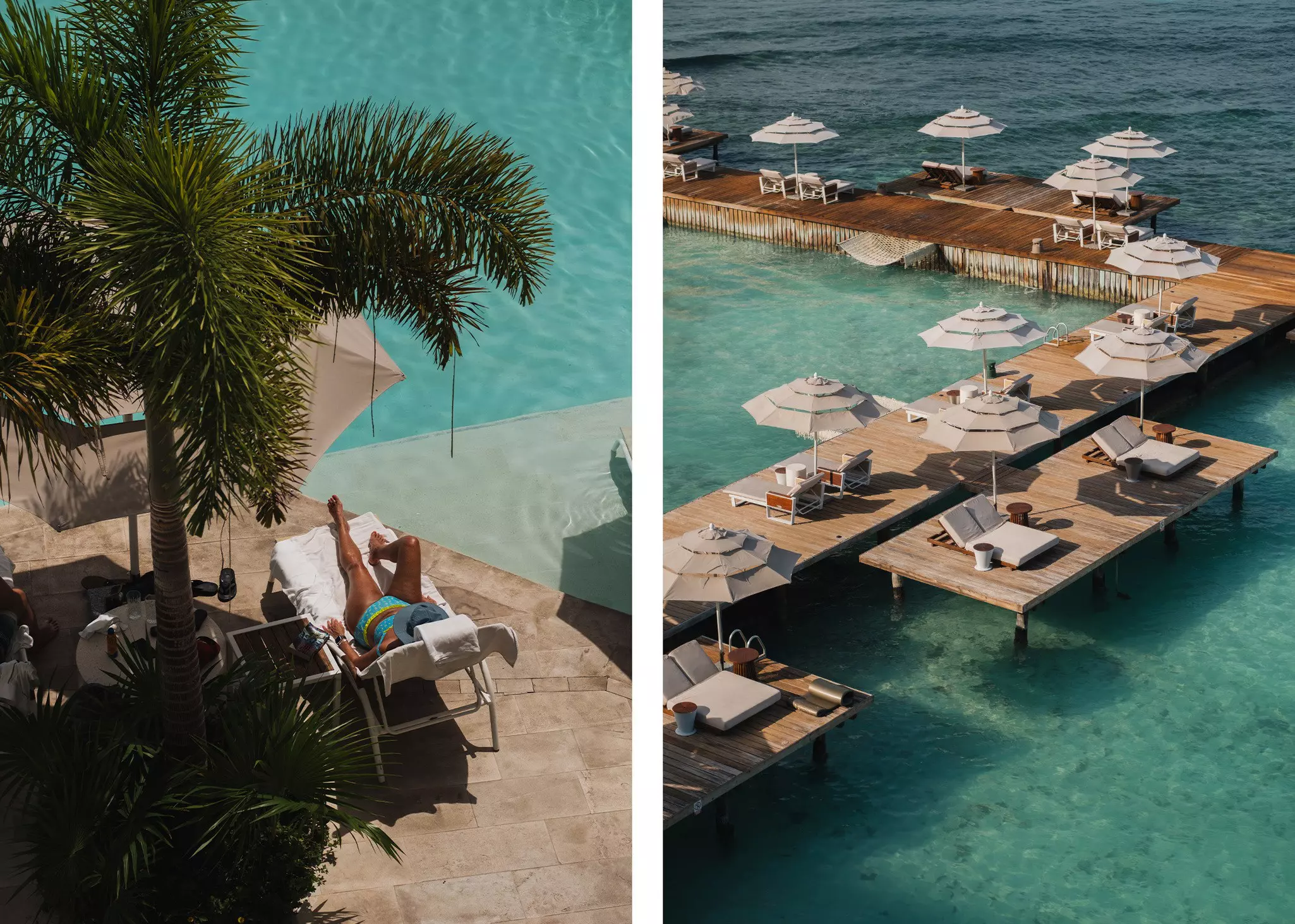 Left, an overhead shot of a women lying on a chair by a pool; right, docks with sun beds and umbrellas over turquoise water