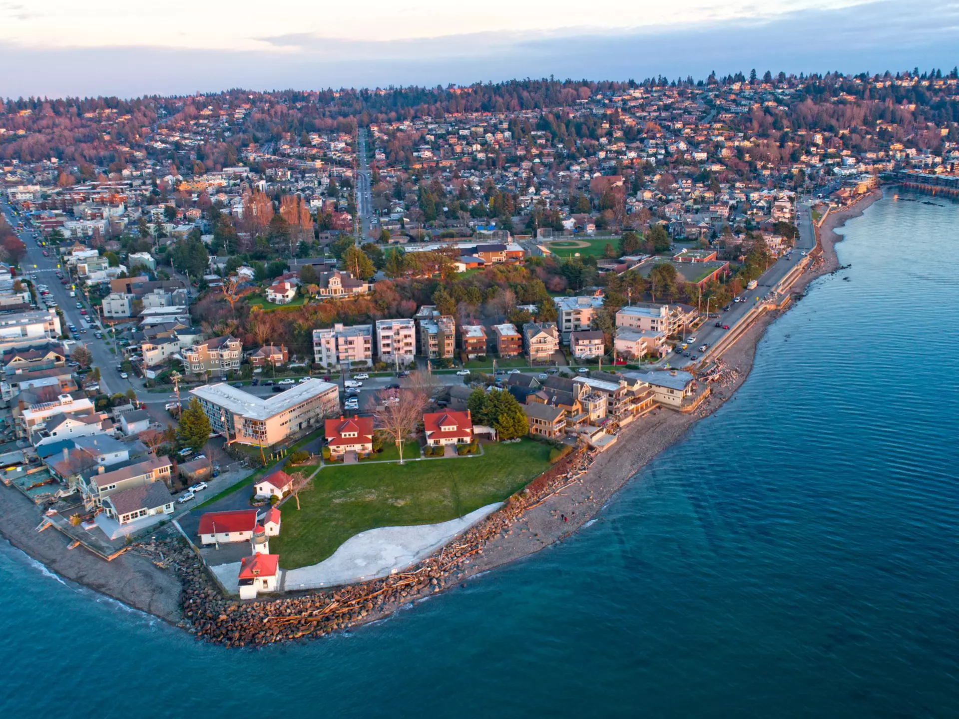 A birdseye view of Alki Beach in West Seattle