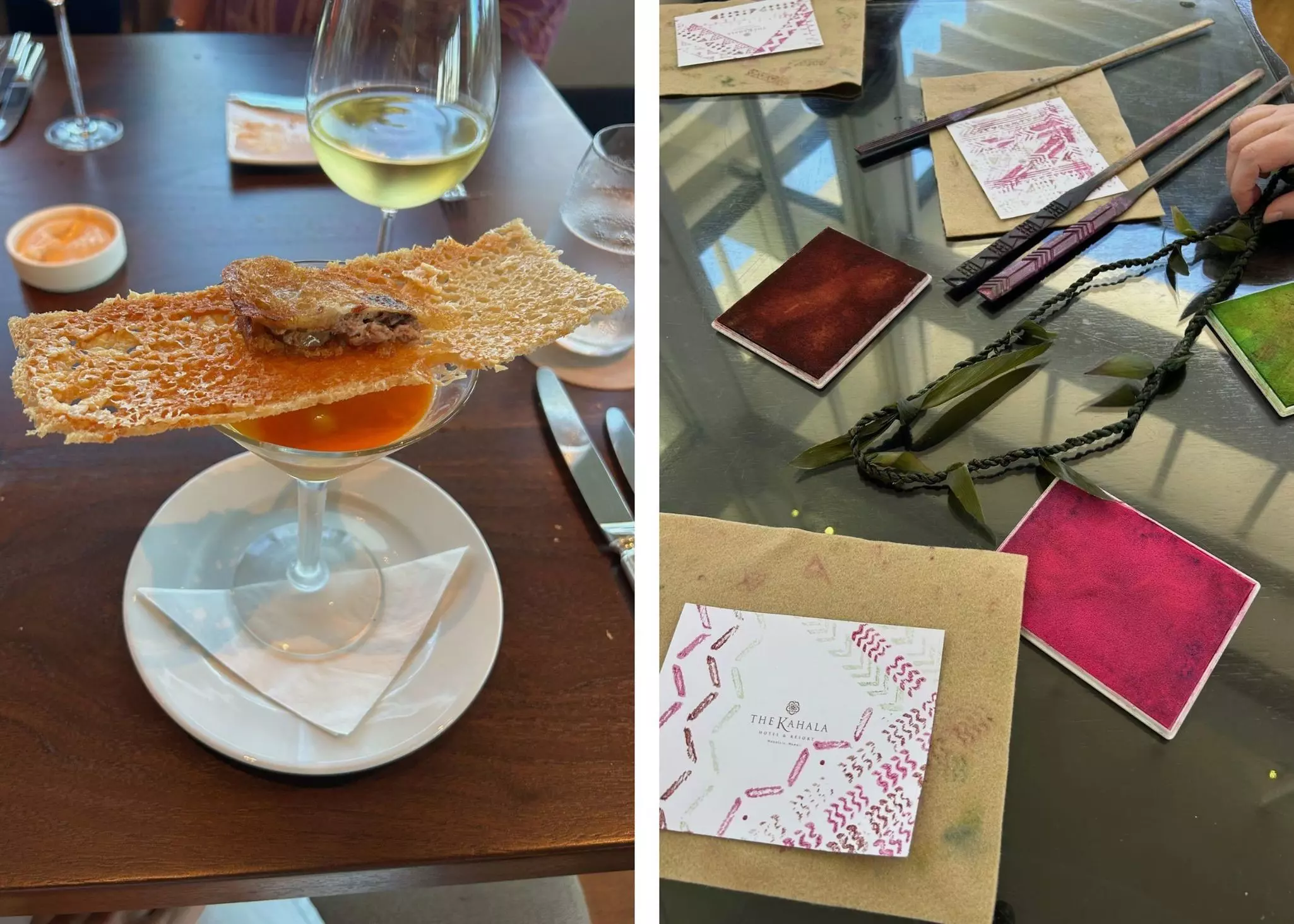 Left: a cocktail with a piece of bread balanced on the glass; right: cards for crafting on a table.