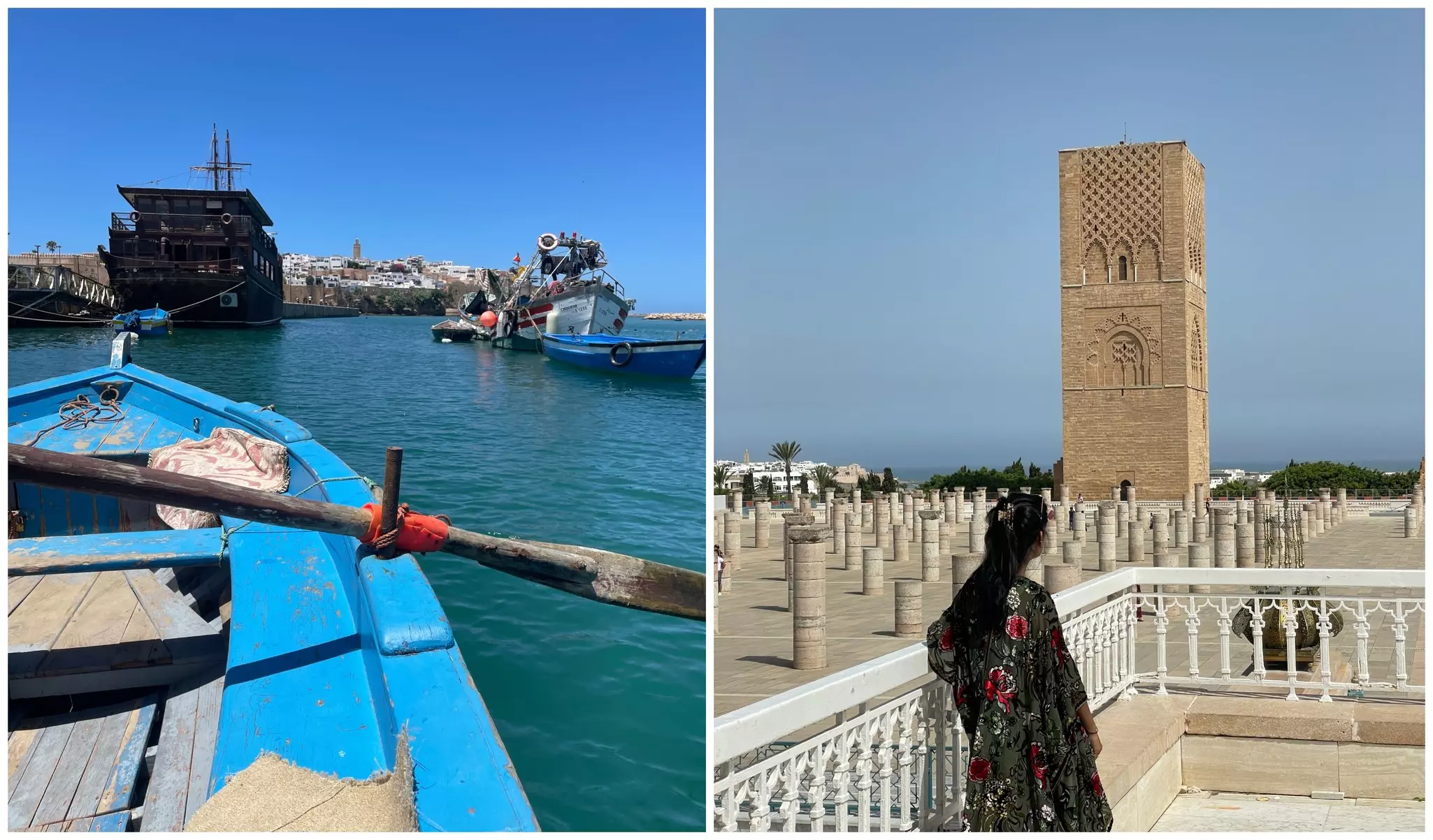L: Deepa tours Bou Regreg by boar. R: A moment of contemplation at the Hassan Tower in Rabat © Deepa Lakshmin