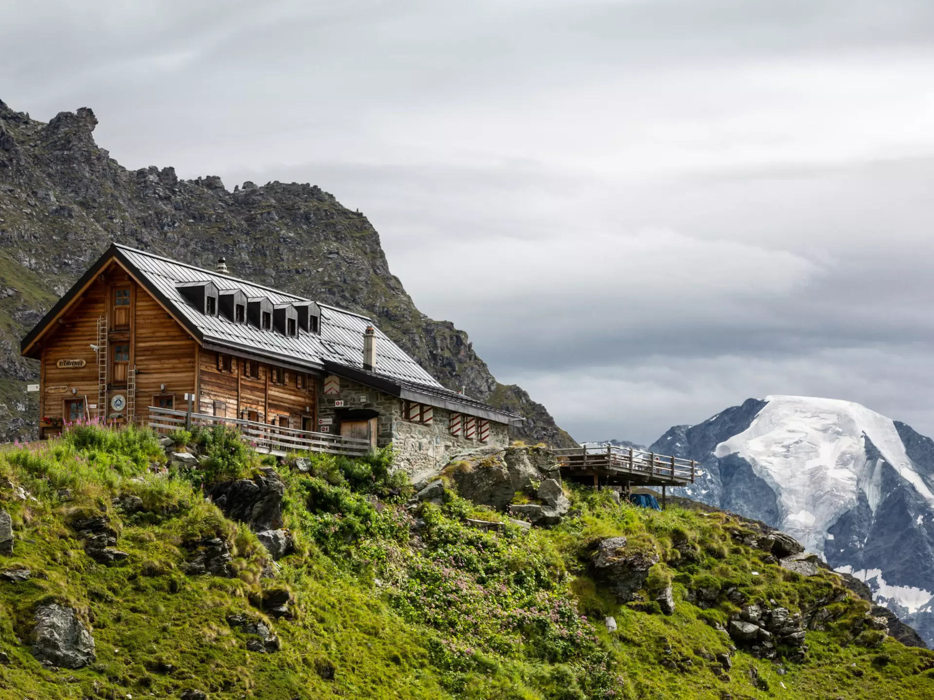 Cabane Mont Fort (Mont Fort Cabin) in Verbier, Switzerland, in the summer. Cabane Mont Fort