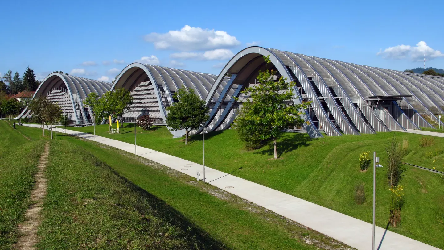 The striking wave-like architecture of the Paul Klee Zentrum near Bern, Switzerland.