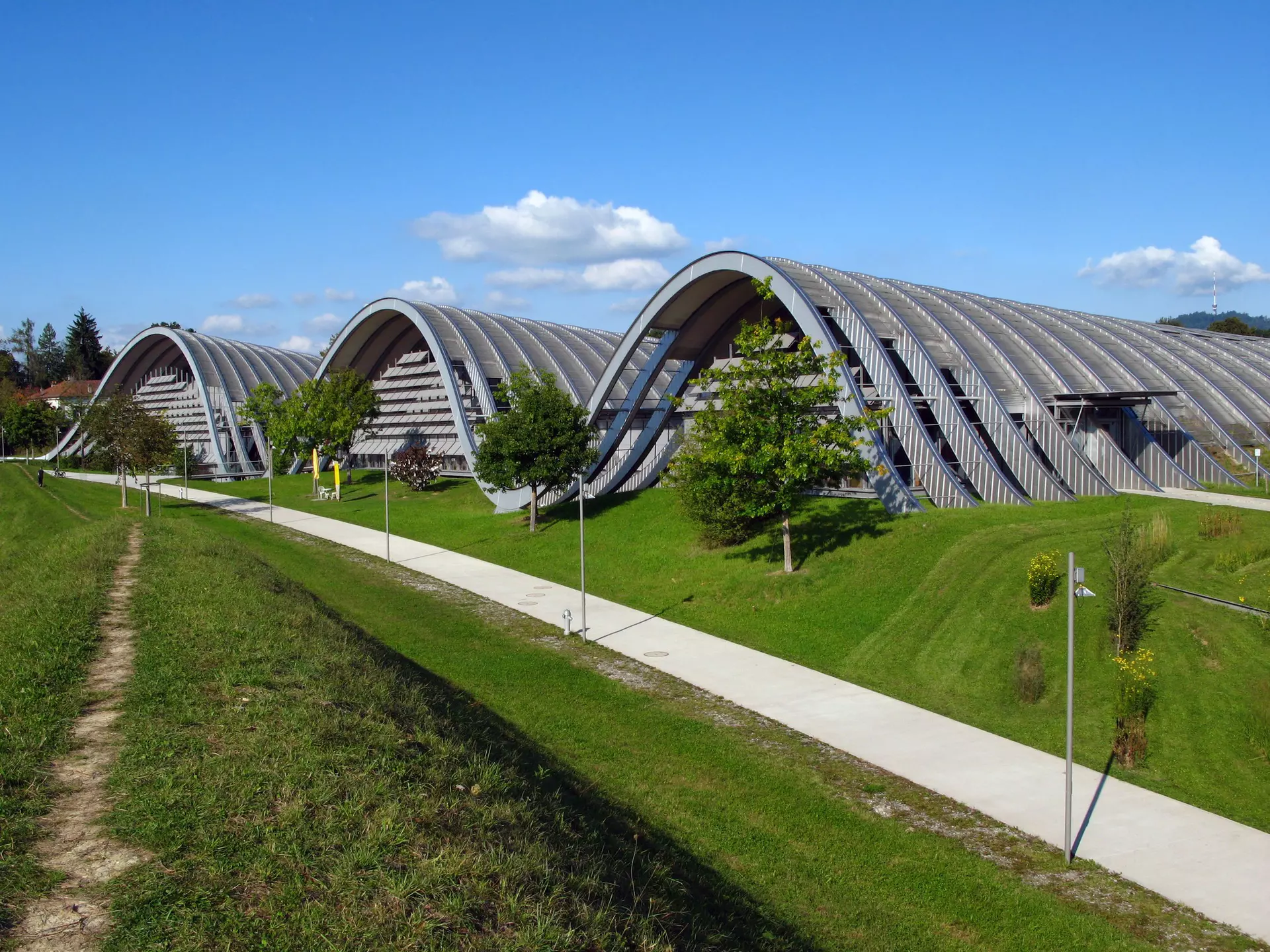 The striking wave-like architecture of the Paul Klee Zentrum near Bern, Switzerland.