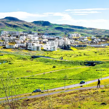 A wide view of a road leading past white apartment buildings in a green hillside.