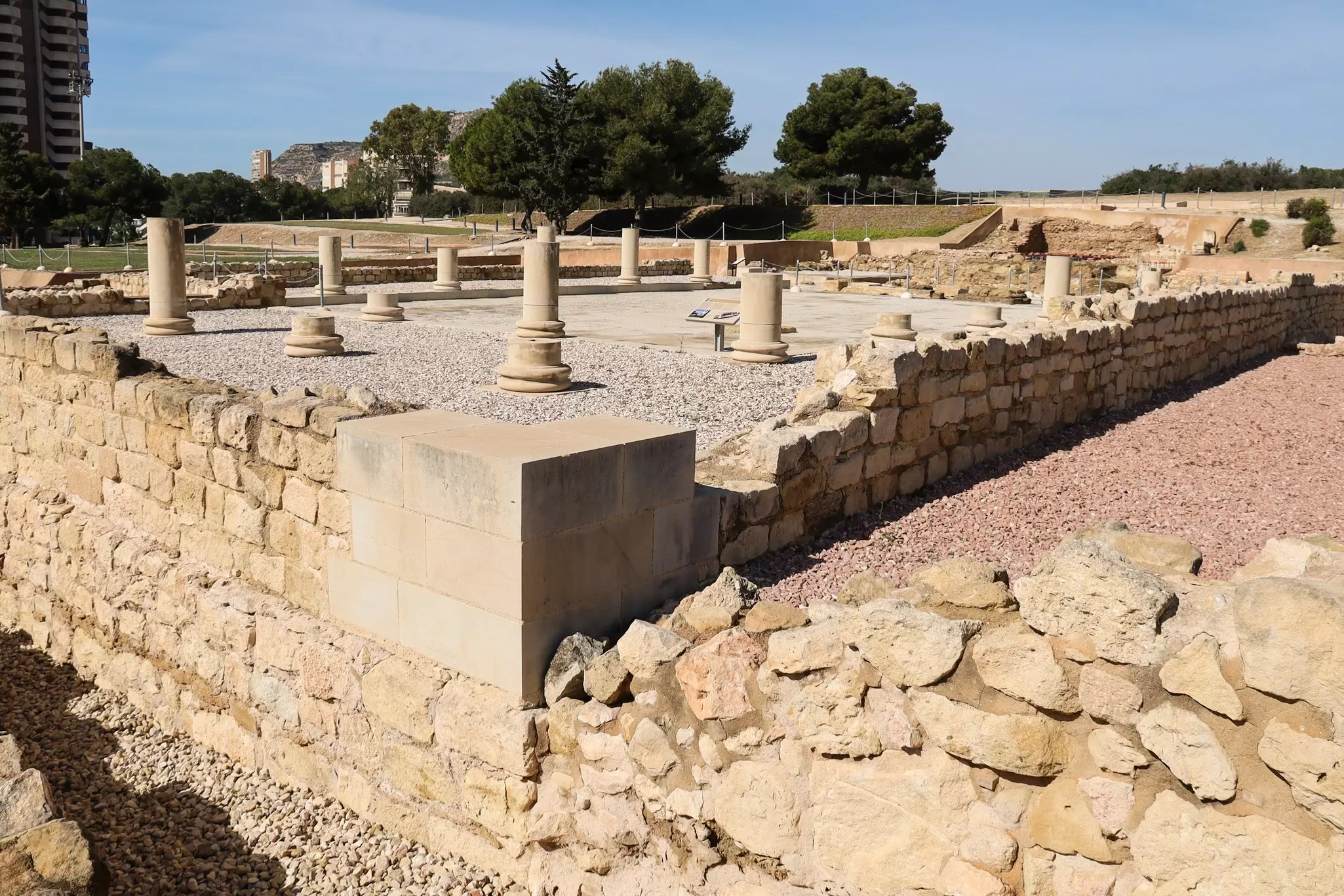 The bases of ancient columns at the Roman site of Lucentum near Alicante, Spain.