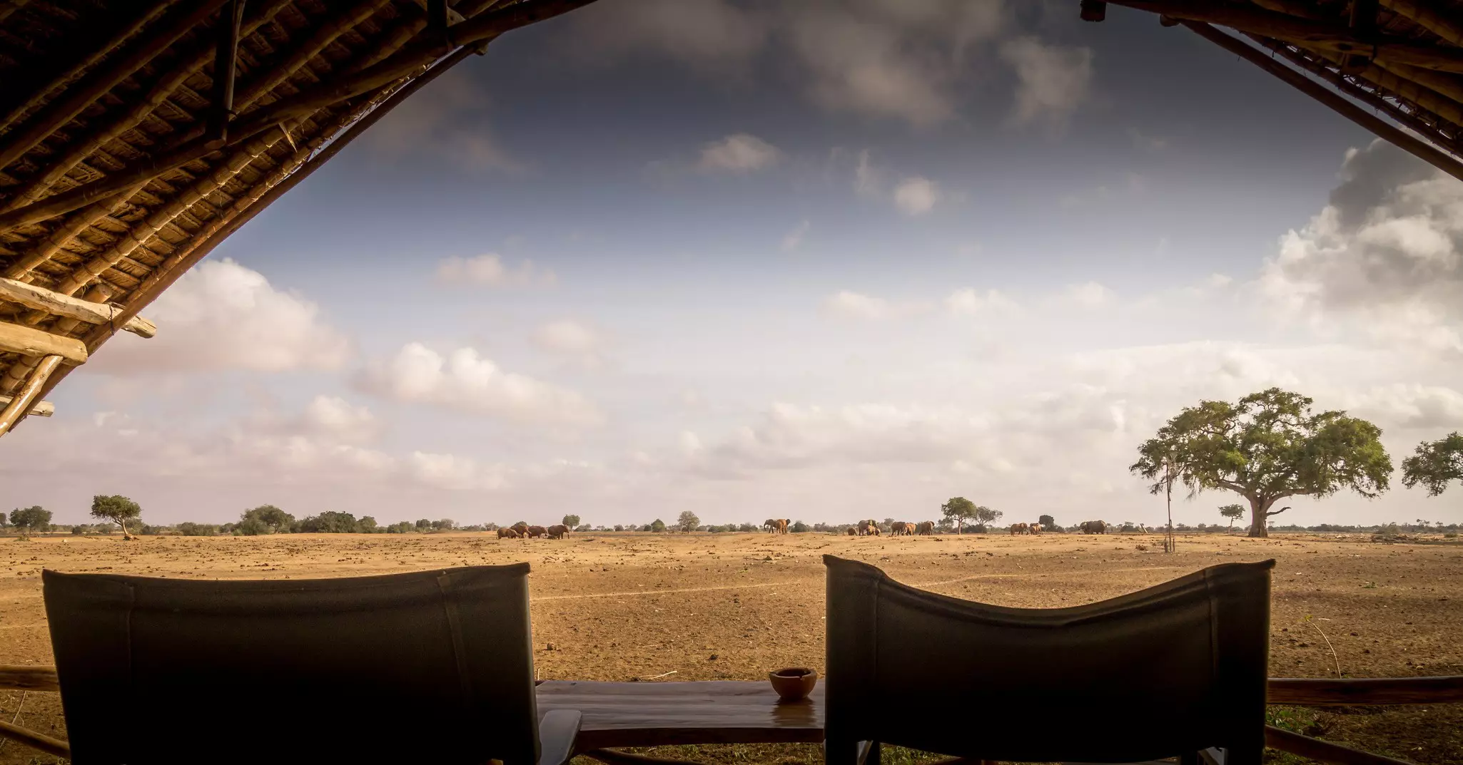 Looking from a safari tent across the savannah in Tsavo West National Park in Kenya.