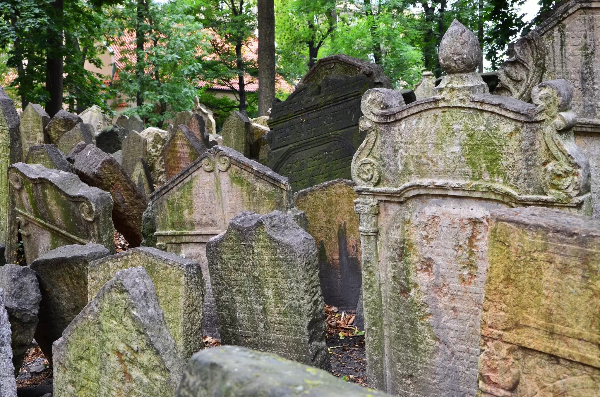 View of headstones at the Old Jewish Cemetery in Prague, Czechia.