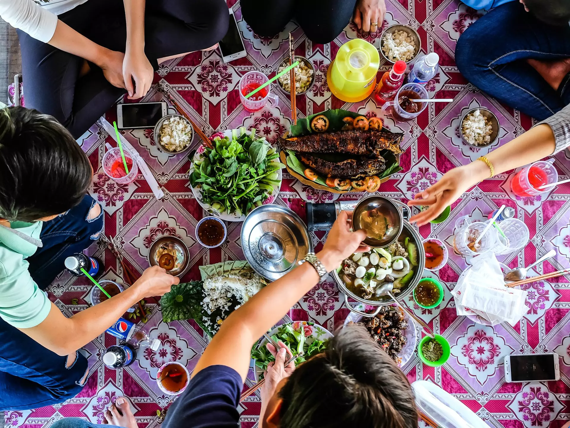 DONG THAP / VIETNAM, 30 DECEMBER 2017 - Top view of happy friends at picnic on countryside outdoor , having lunch with traditional foods.
784448458
above, beautiful, cheerful, communication, concepts, drink, eating, enjoyment, food, freshness, friendship, glass, happiness, lifestyles, meal, people, plate, rustic, salad, togetherness, top
