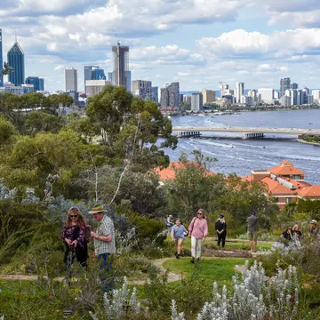 People walk along a path in the lush Kings Park in Perth, with the city in the background.