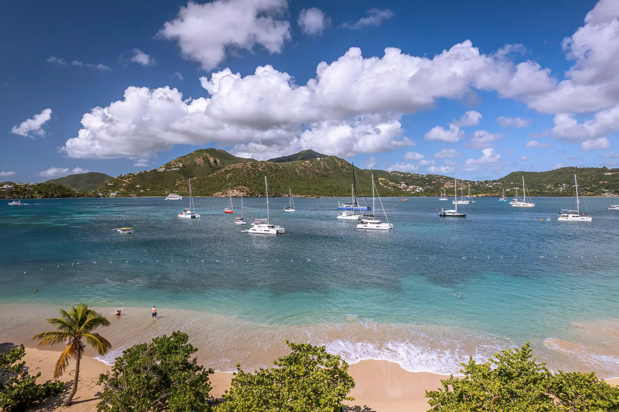 Catamarans moored offshore near a sandy beach being lapped by waves.