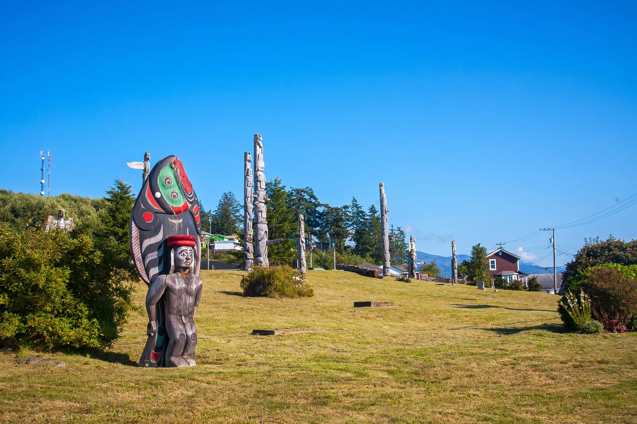 A series of tall wooden totem poles with carvings and paintings on a hillside.