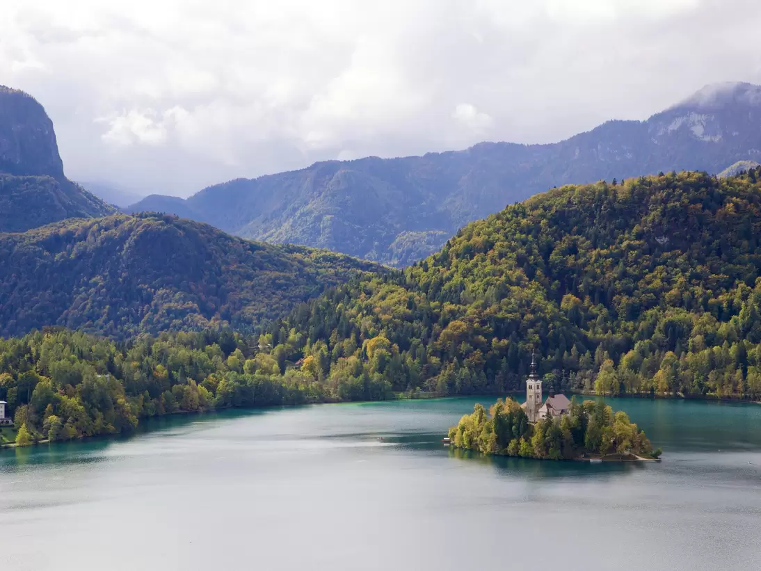 View of church on Bled Island, Lake Bled, Slovenia