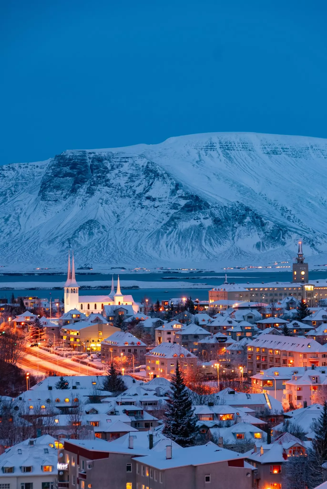Reykjavik, capital city in Iceland in winter at evening