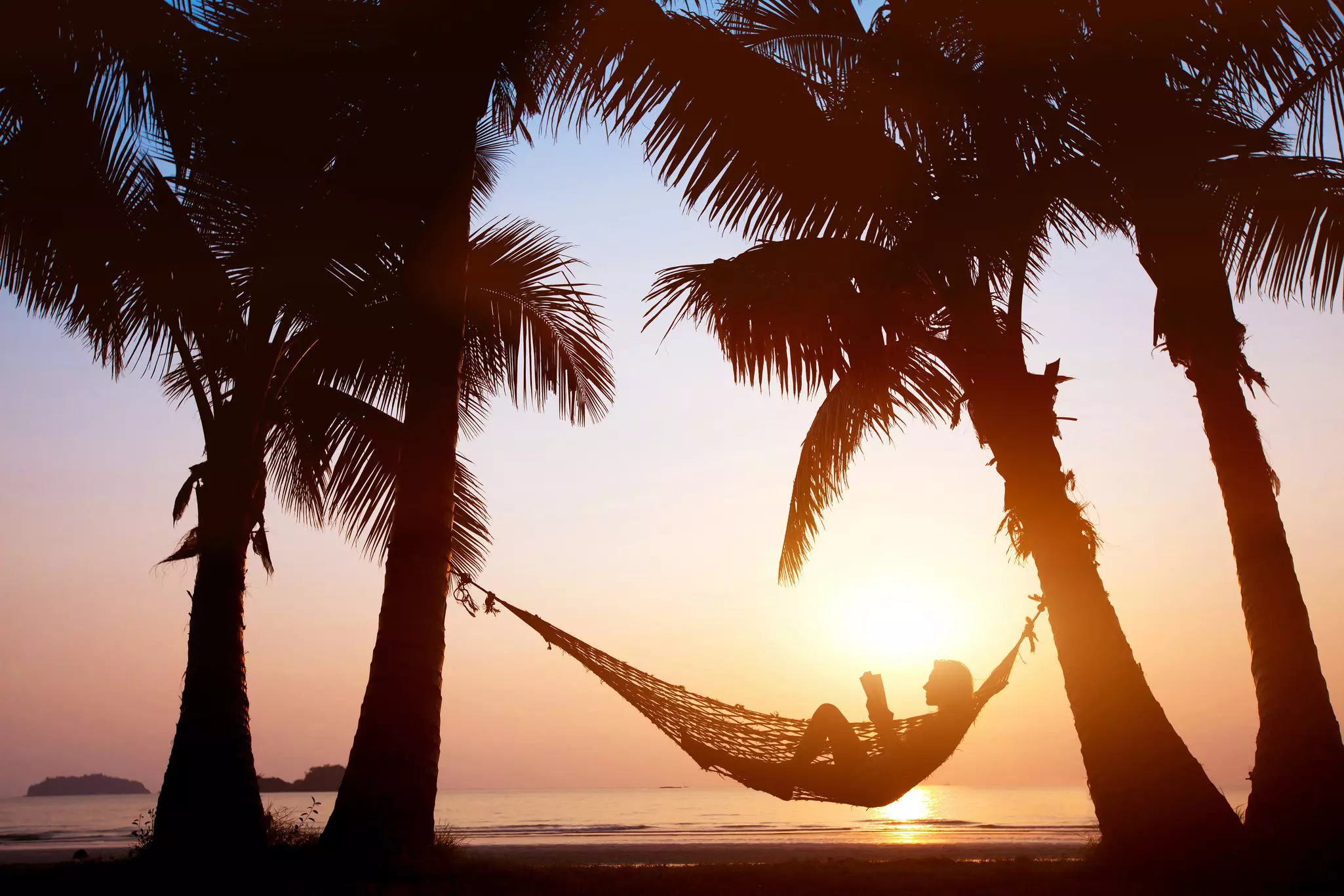 A woman relaxing in a hammock between two trees