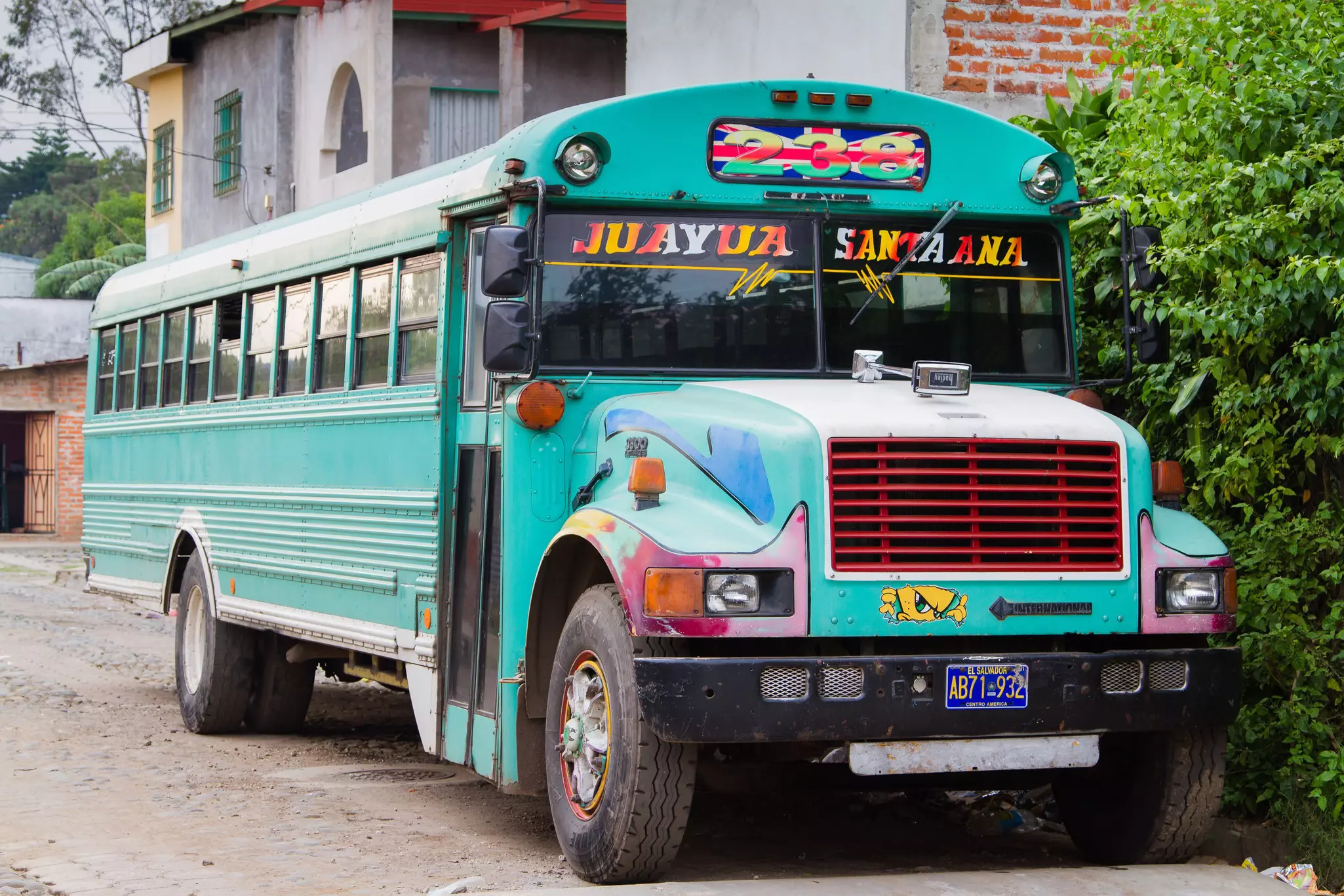 A brightly painted village bus in Juayúa, El Salvador.