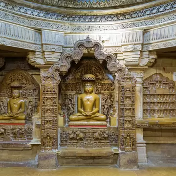 Jain temples and shrines of Jaisalmer Fort, called Chandraprabhu,  Rikhabdev, Parasnath, Shitalnath, Sambhavanth, Gyan Bhandar, Shantinath and Kunthunath. Jaisalmer, Rajasthan, India.