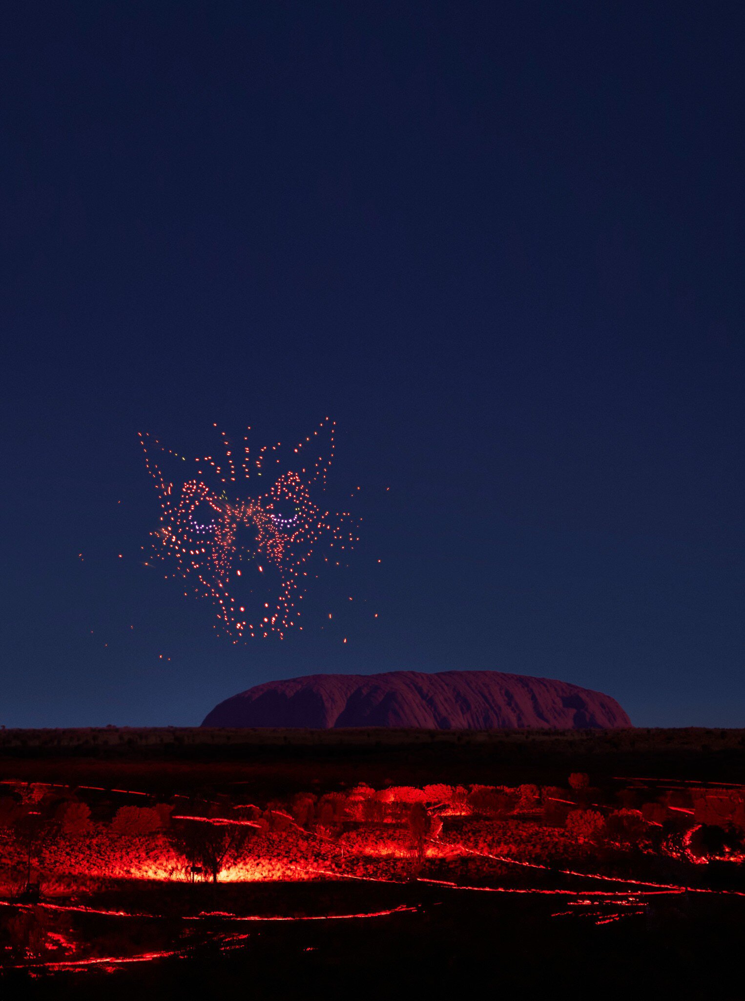 Wintjiri Wiru in Uluru, Australia. Acknowledgement - Anangu share the Mala story, from Kaltukatjara to Uluru, through a drone, sound and light show designed and produced by RAMUS.