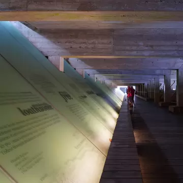 View of the Memorial to the Abolition of Slavery about French slave trade on the Quai de la Fosse in downtown Nantes, France.  